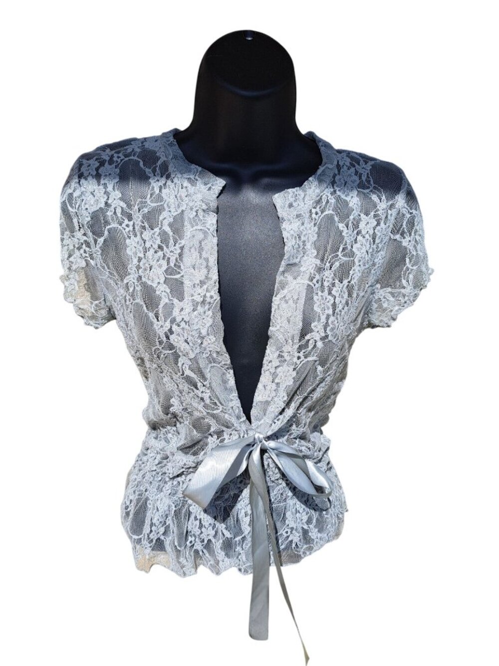 Y2K Sheer Lace Gray Blue Top Satin Ribbon Tie Floral Short Sleeves Romantic Med